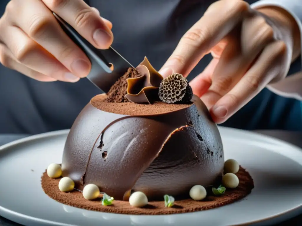 Un chef francés experto en trufas negras decorando un exquisito postre de mousse de chocolate