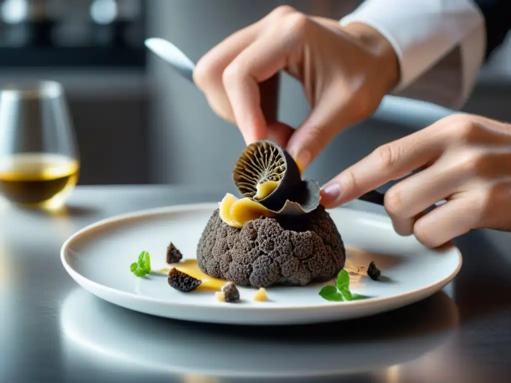 Un chef francés experto en trufas negras, agregando un toque lujoso a un exquisito plato en una cocina moderna