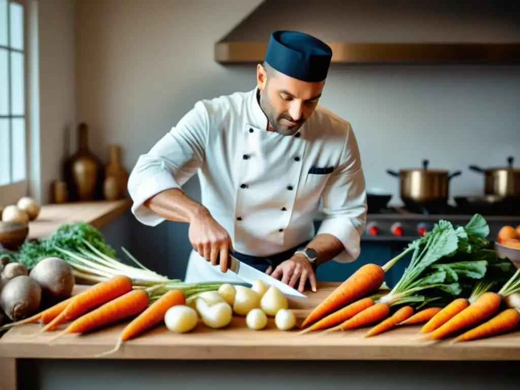 Un chef francés experto cortando verduras para recetas tradicionales gastronomía francesa