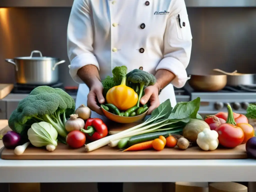 Un chef francés experto examinando verduras heirloom en una cocina rústica y soleada, resaltando la gastronomía francesa