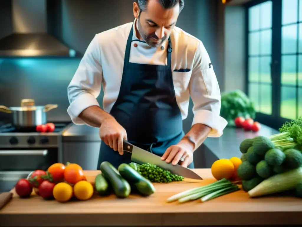 Un chef francés experto reduce verduras con precisión en una cocina tradicional, destacando la filosofía culinaria francesa de reducción