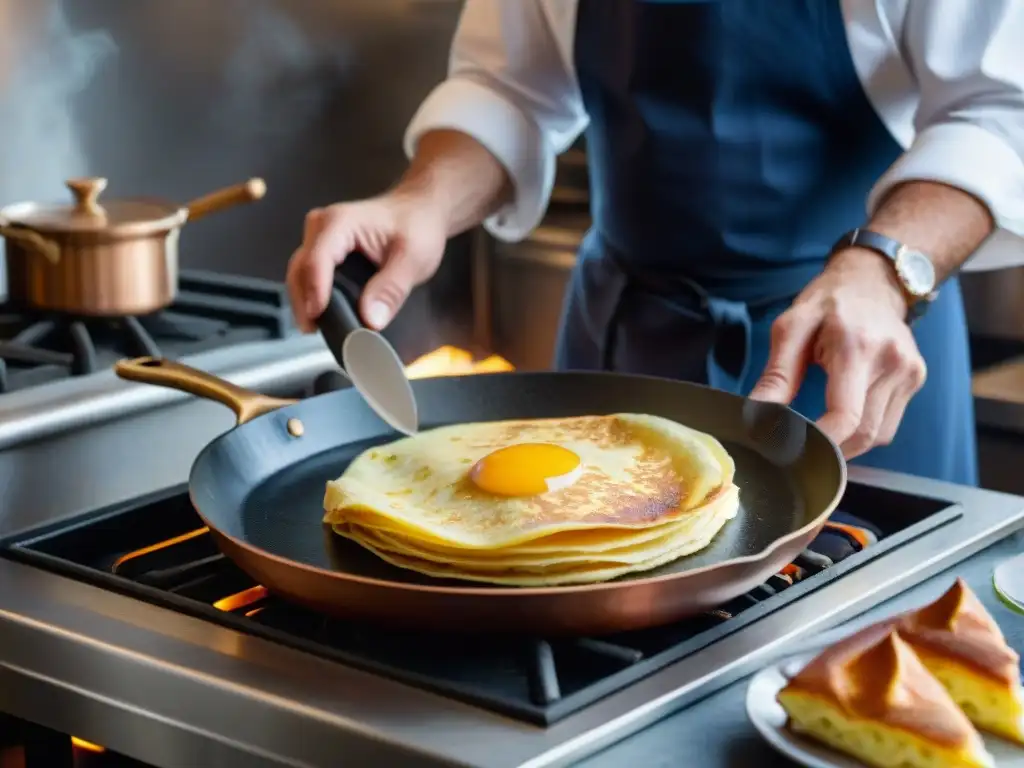 Un chef francés experto dando vuelta a una crepe dorada en sartén de hierro, resaltando la precisión y arte de la cocina francesa