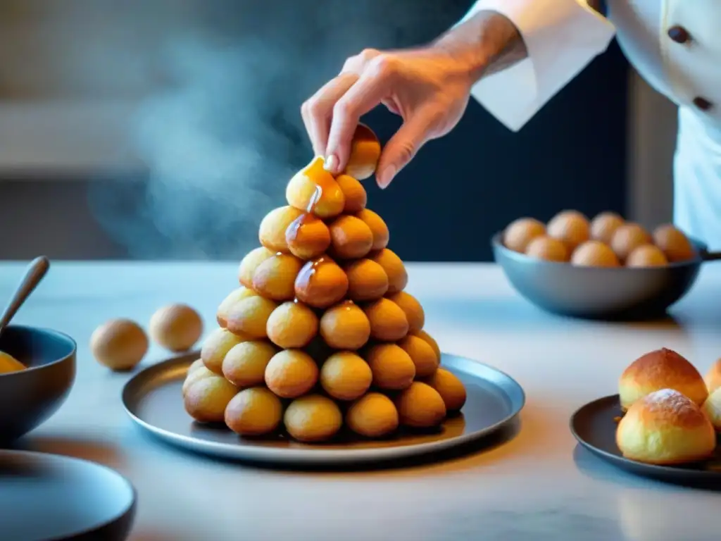 Un chef francés experto crea un croquembouche con precisión