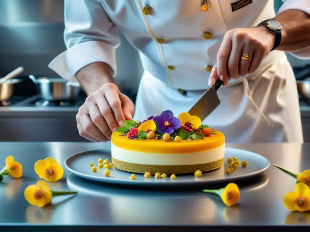 Un chef francés elaborando una exquisita y delicada postre en una cocina moderna, mostrando la influencia gastronomía francesa en cocina