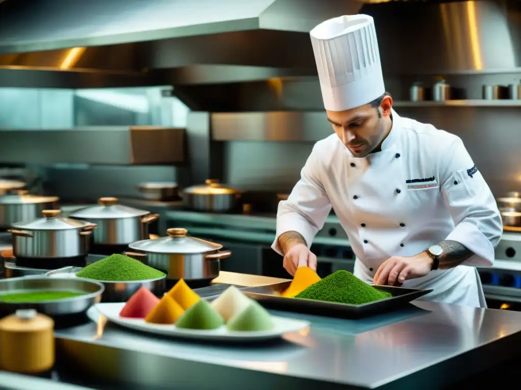 Chef francés creando exquisita obra culinaria en cocina de restaurante estrella Michelin en Francia