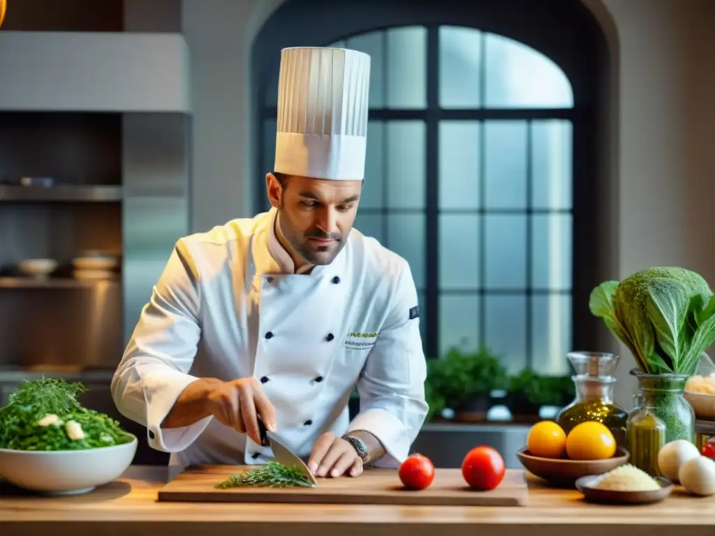 Un chef francés preparando una exquisita receta en una cocina tradicional, rodeado de ingredientes frescos