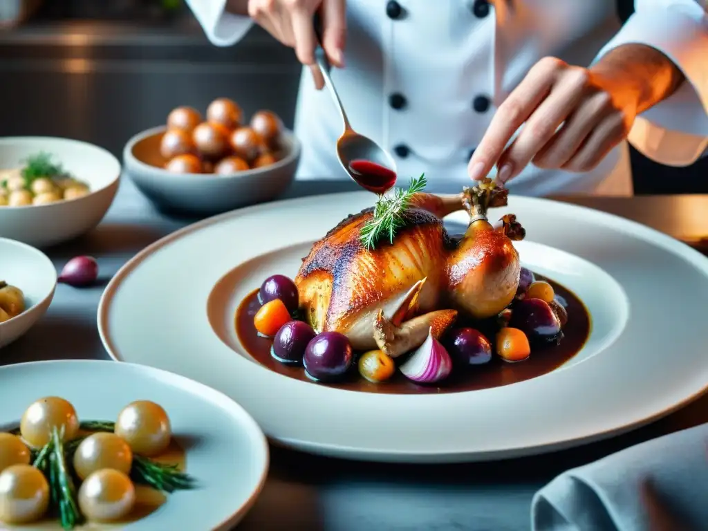 Un chef francés preparando un exquisito coq au vin en una cocina profesional