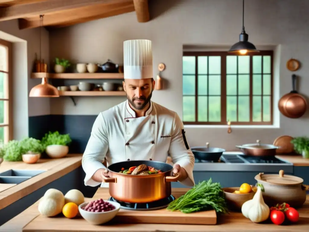 Un chef francés preparando un exquisito coq au vin en una cocina rústica