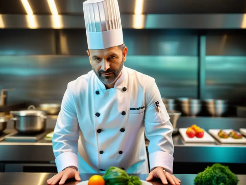 Un chef francés preparando un exquisito plato en un restaurante de alta cocina