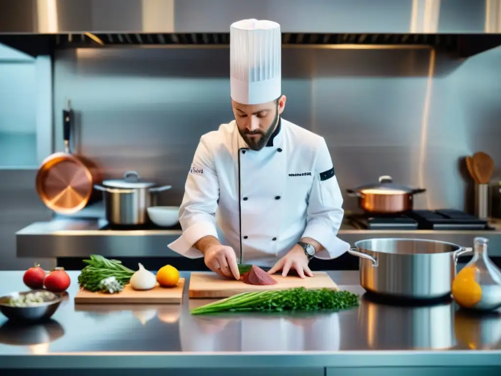 Un chef francés famoso preparando un plato clásico con cocina al vacío en una cocina moderna