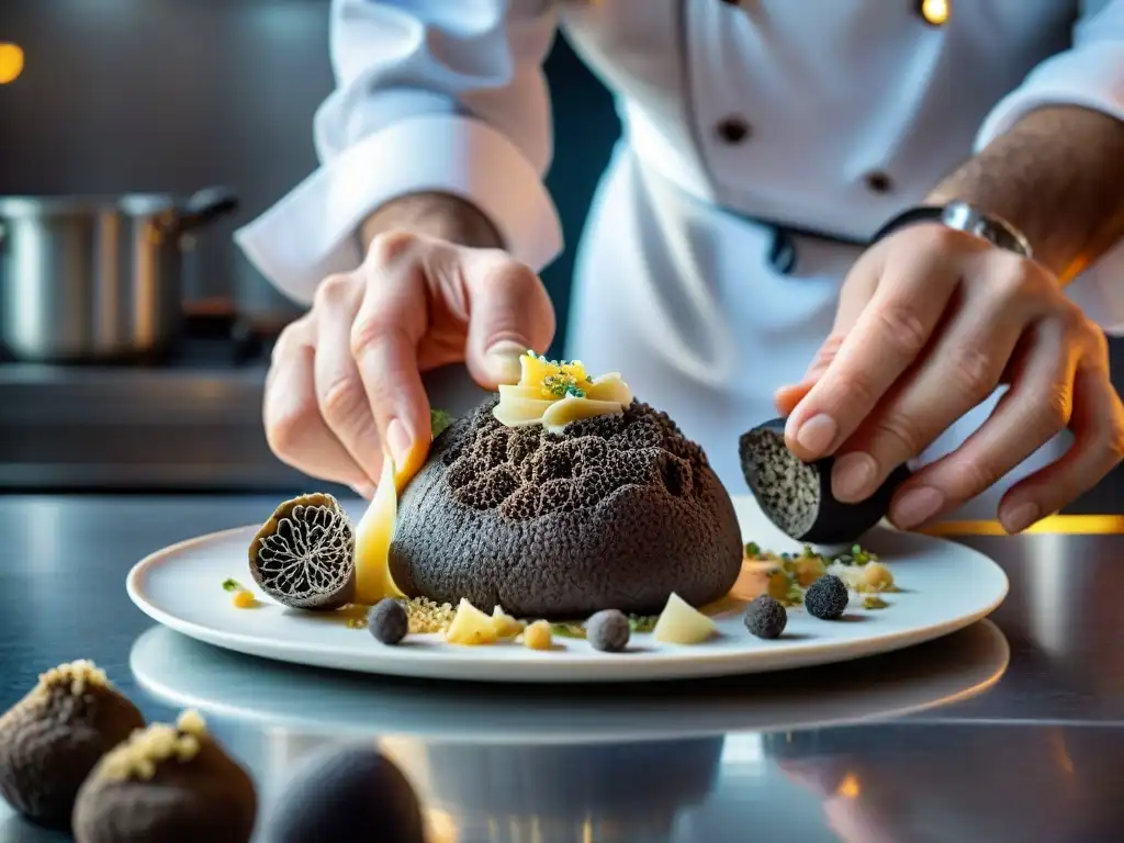 Un chef francés famoso rallando trufas negras sobre un plato gourmet, demostrando habilidad y precisión en la alta cocina