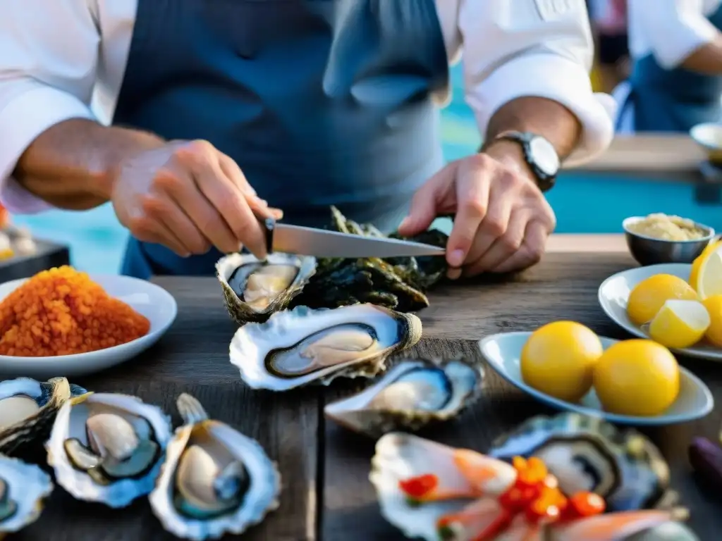 Chef experto en Festival del Marisco de Bretaña Un chef francés en el Festival del Marisco de Bretaña shuckea ostras, mostrando la gastronomía francesa