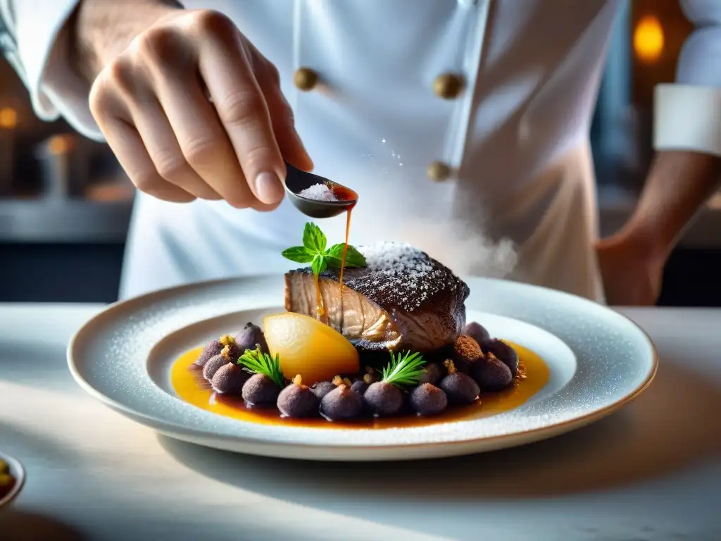 Un chef francés esparciendo Flor de Sal sobre Coq au Vin, resaltando la exquisitez del plato y la maestría culinaria