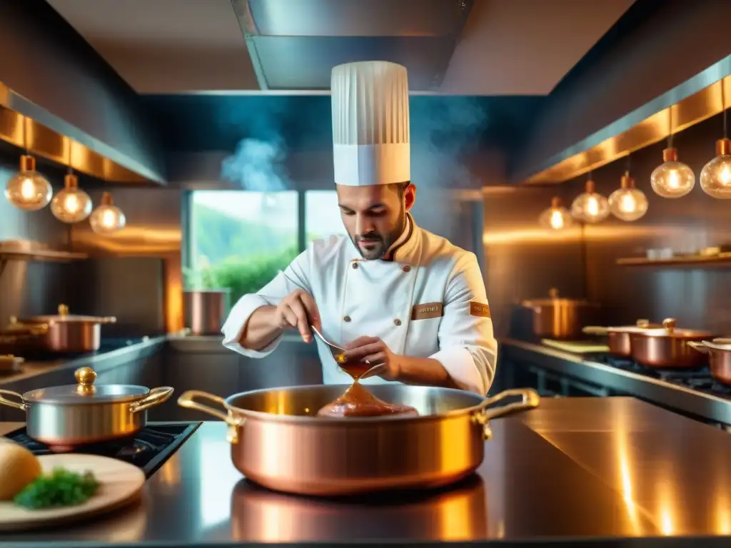 Un chef francés deshuesando foie gras en una cocina tradicional