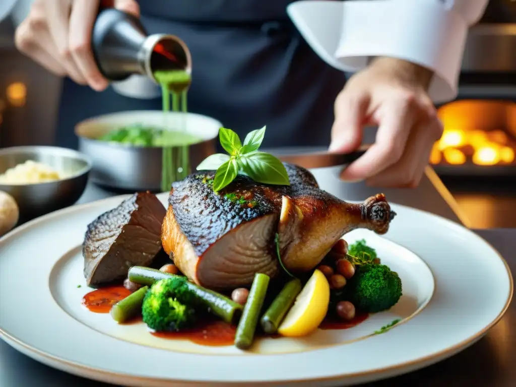 Un chef francés espolvoreando ciboulette fresca sobre un exquisito Coq au Vin en una cocina tradicional francesa