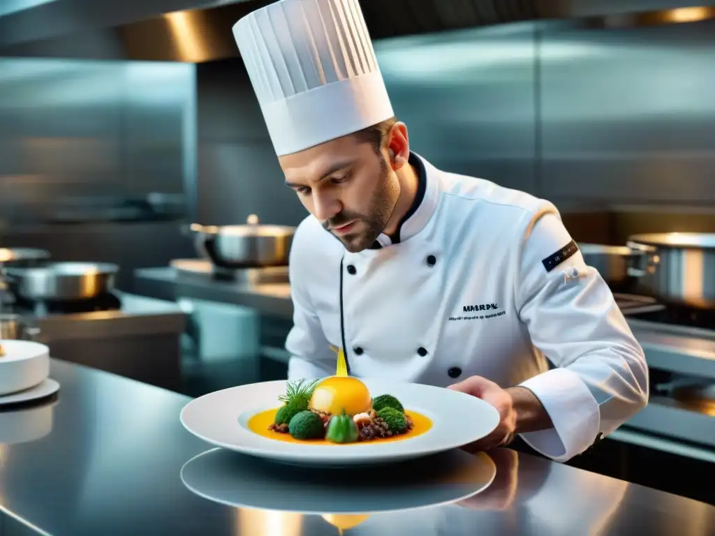 Chef francés innovando en gastronomía de vanguardia en un elegante restaurante