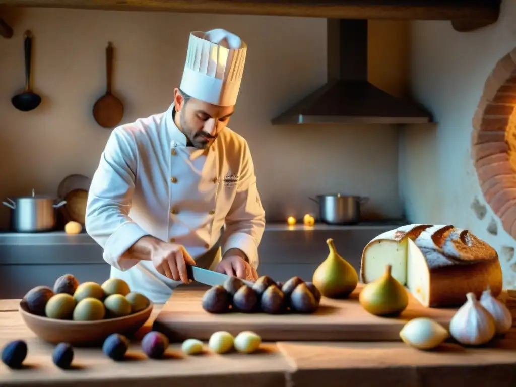 Un chef francés preparando foie gras en una cocina rústica de la Gascuña, resaltando la esencia de la gastronomía francesa