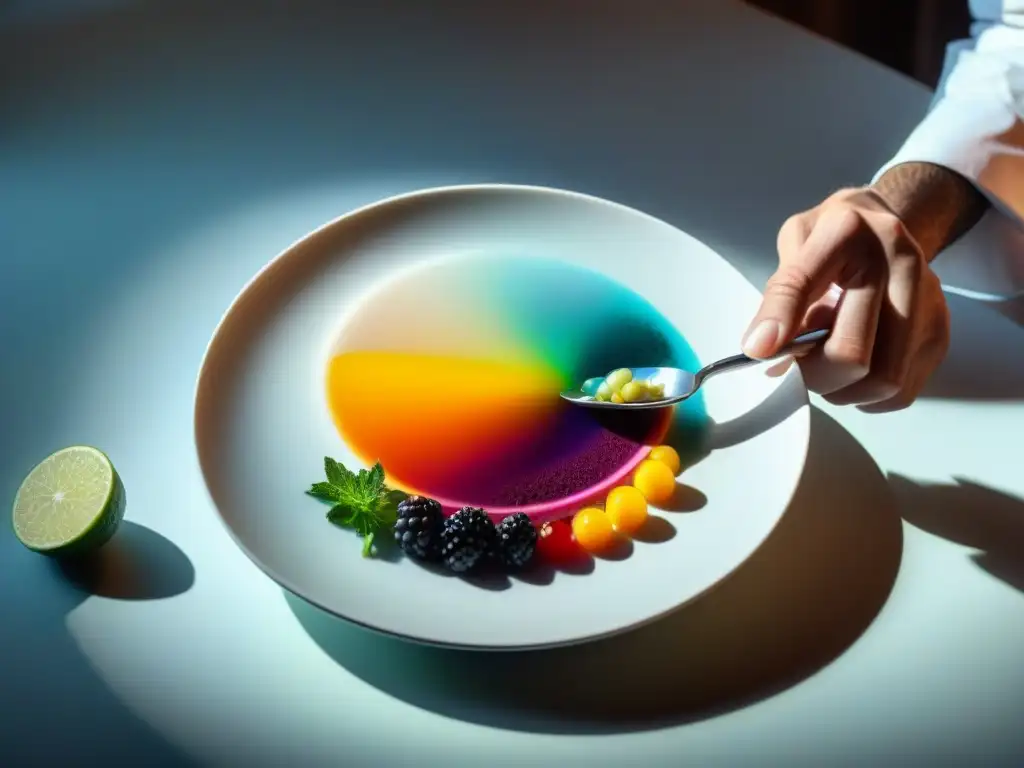 Un chef francés habilidoso crea una obra de arte culinaria con color en gastronomía francesa