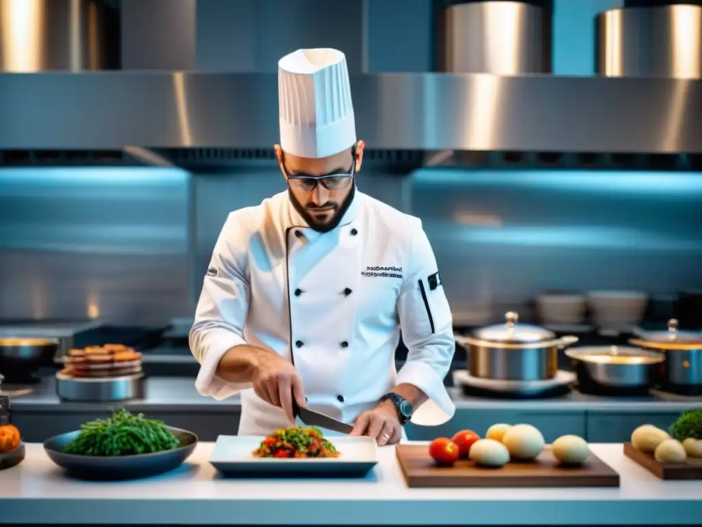 Chef francés con realidad aumentada en cocina futurista Un chef francés usando herramientas digitales para chefs franceses en una cocina futurista
