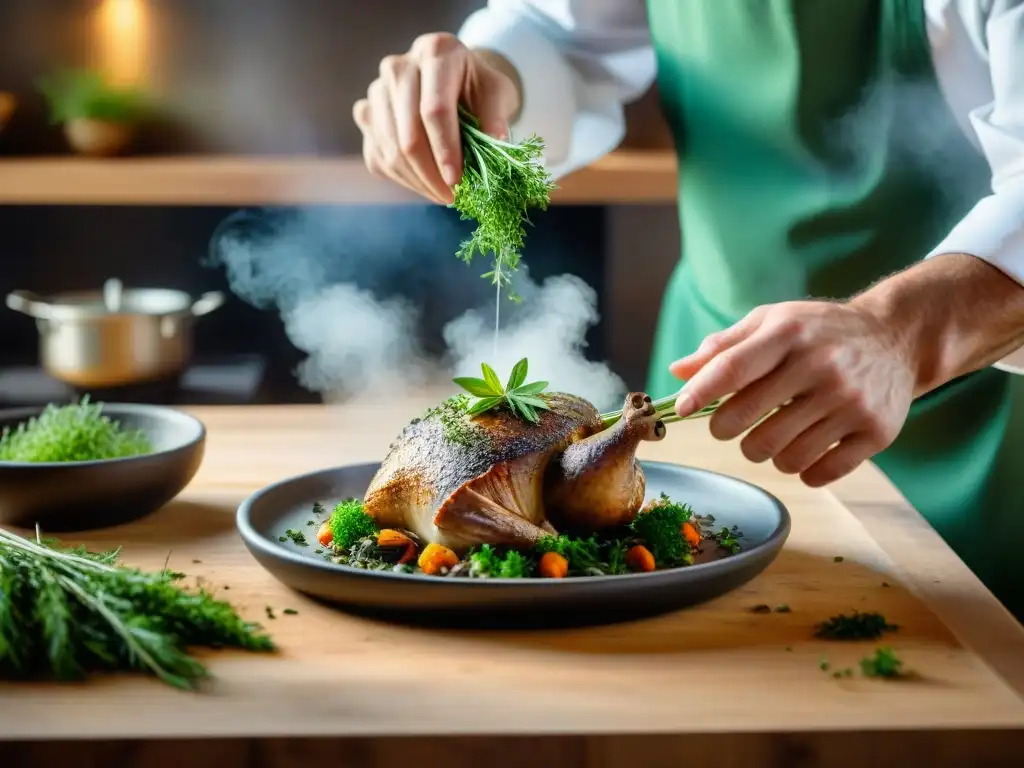 Un chef francés esparciendo hierbas aromáticas sobre un coq au vin en una cocina rústica