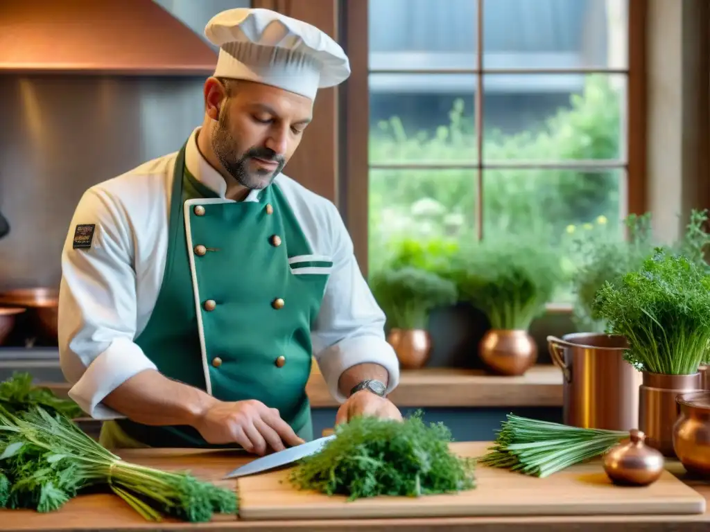 Un chef francés cortando hierbas frescas en una cocina tradicional, inmerso en la preparación