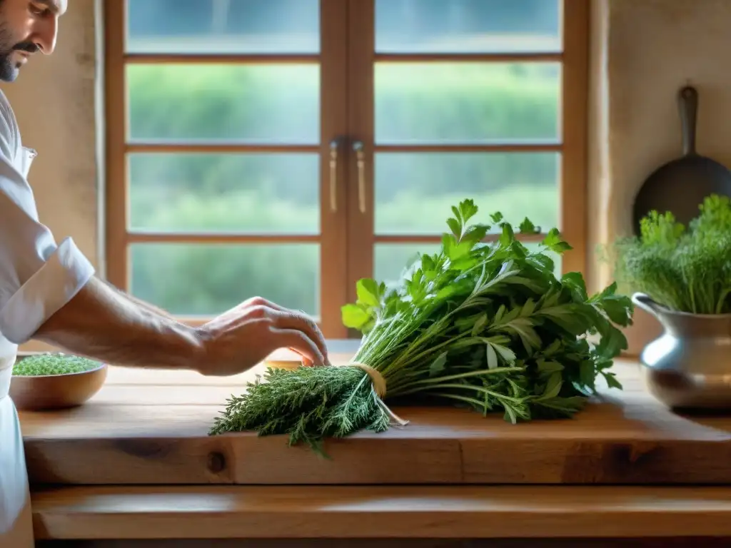 Un chef francés seleccionando y picando hierbas frescas en una cocina tradicional de Provenza