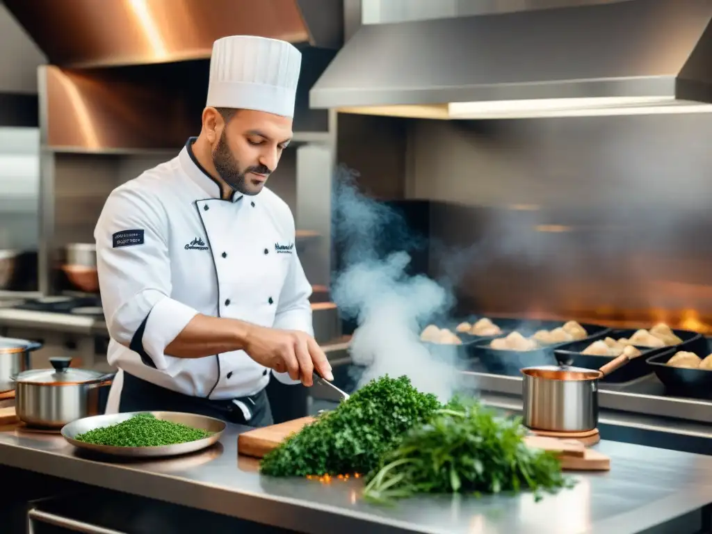 Un chef francés esparciendo hierbas frescas en un Coq au Vin en una cocina profesional