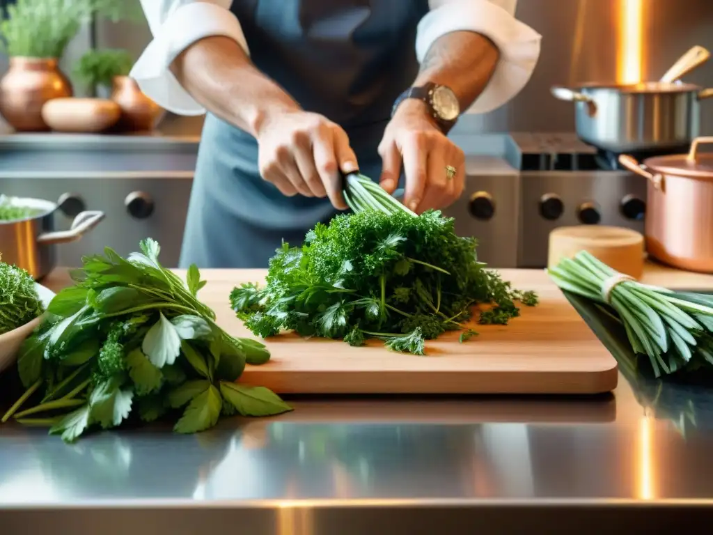 Un chef francés cortando hierbas frescas en una cocina bulliciosa