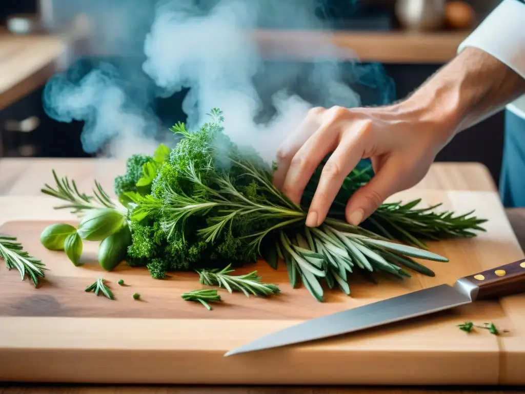 Un chef francés cortando hierbas frescas en una tabla de cortar de madera de alta calidad, mostrando habilidades culinarias excepcionales