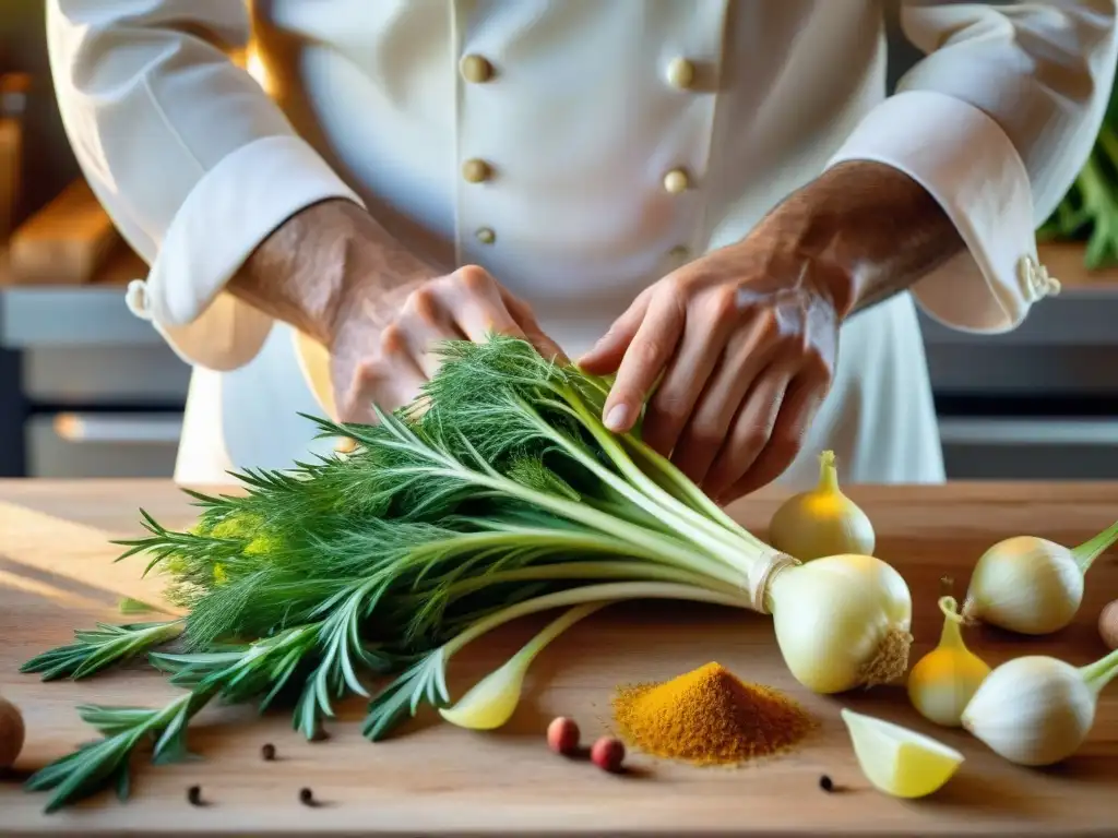 Un chef francés con hinojo Mediterráneo en una cocina luminosa y rústica