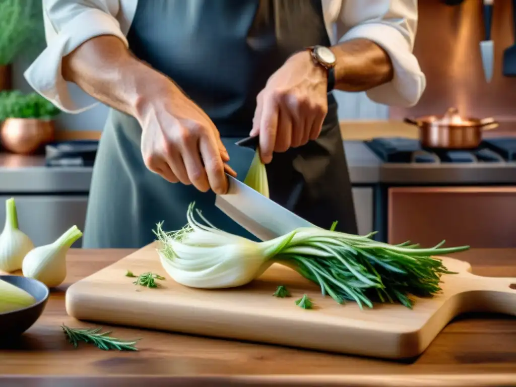 Un chef francés cortando hinojo Mediterráneo en una cocina rústica con luz natural