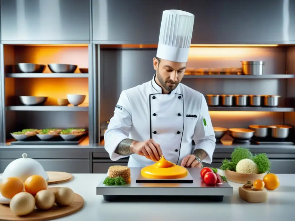 Un chef francés usando una impresora 3D para crear una miniatura de la Torre Eiffel en gastronomía francesa moderna