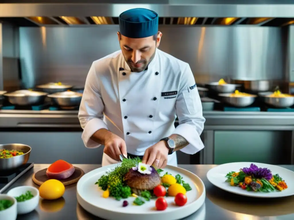 Un chef francés influencia culinaria preparando un plato colorido con precisión en una bulliciosa cocina parisina