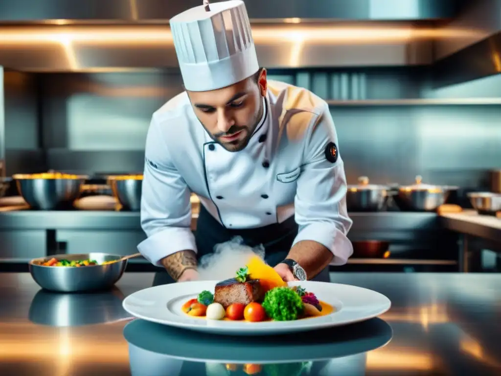 Un chef francés influenciado por la moda, creando una obra de arte culinaria en una cocina moderna