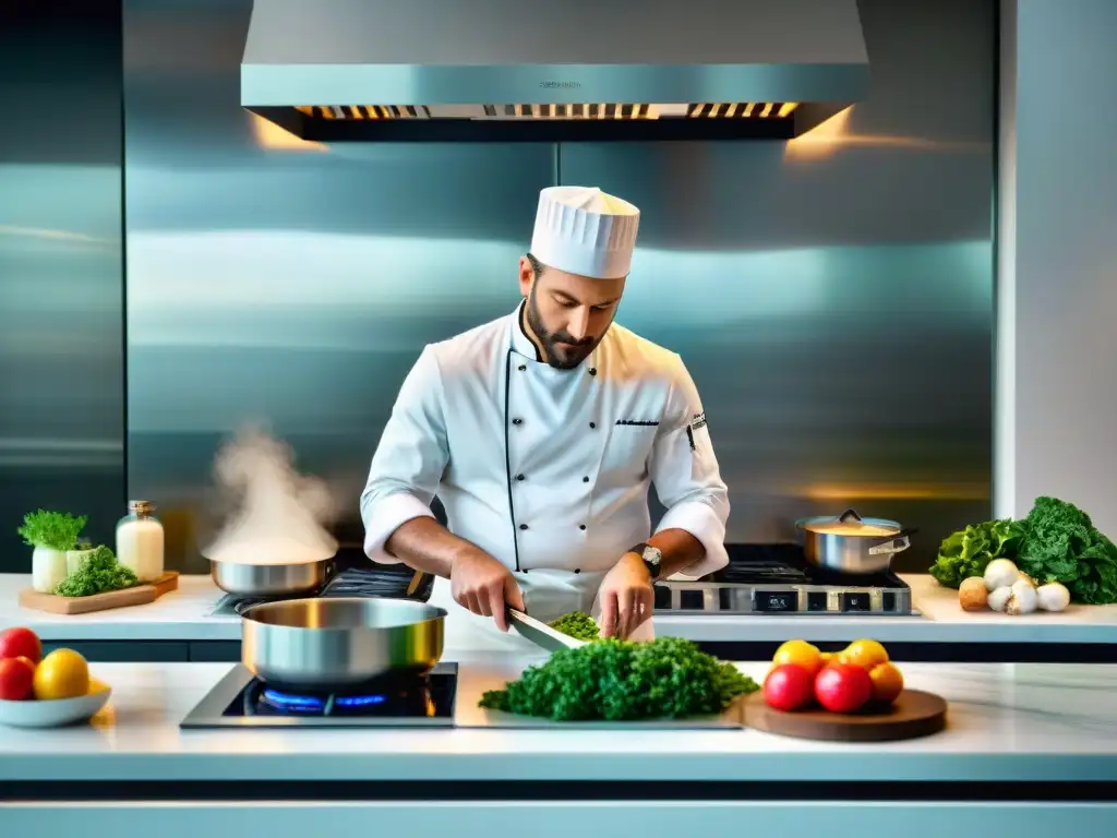 Un chef francés influenciado por la Nouvelle Cuisine crea con maestría un platillo delicado en una cocina moderna