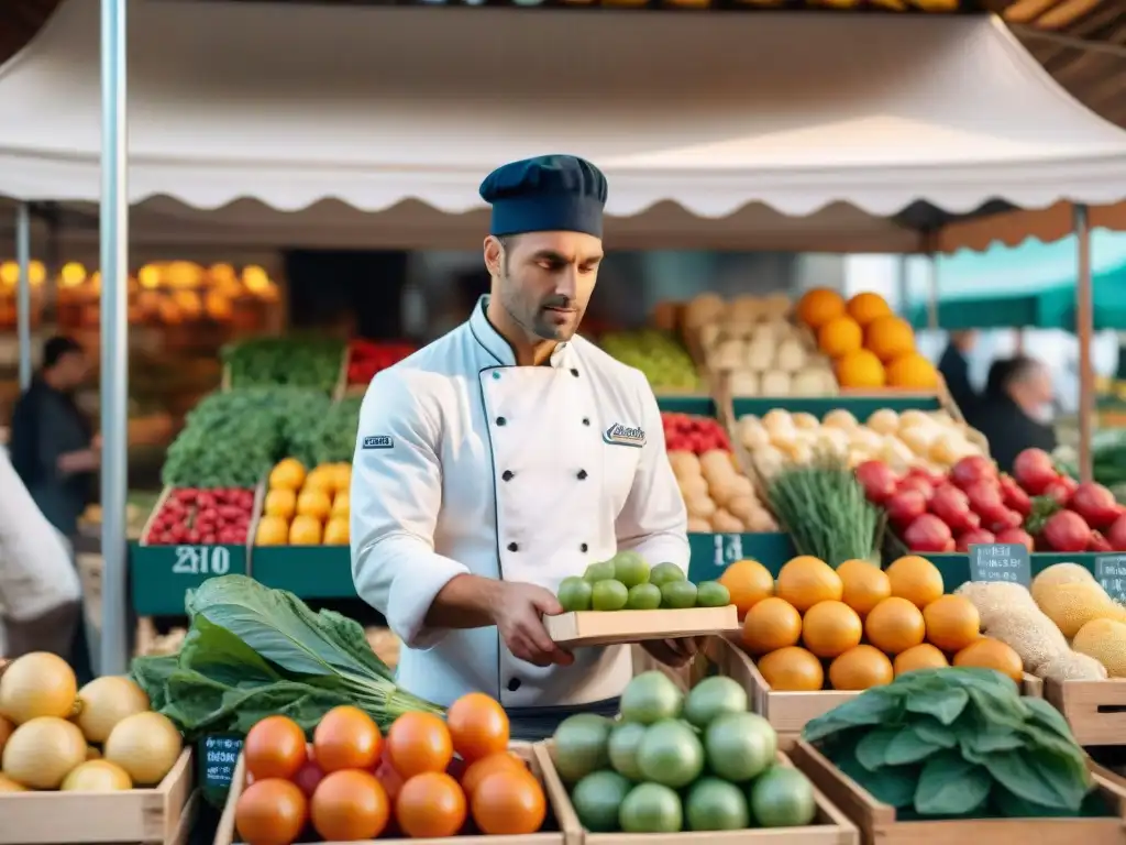 Un chef francés selecciona ingredientes frescos en un mercado vibrante de París