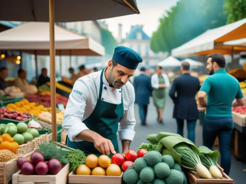 Un chef francés selecciona ingredientes frescos en un bullicioso mercado de París, capturando la esencia de la gastronomía francesa