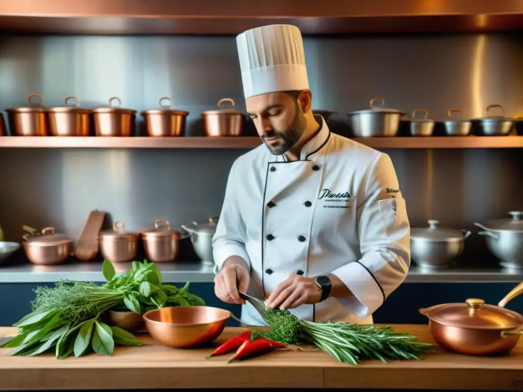 Un chef francés cortando ingredientes frescos en una cocina rústica llena de utensilios de cobre, resaltando la exquisitez de la gastronomía francesa