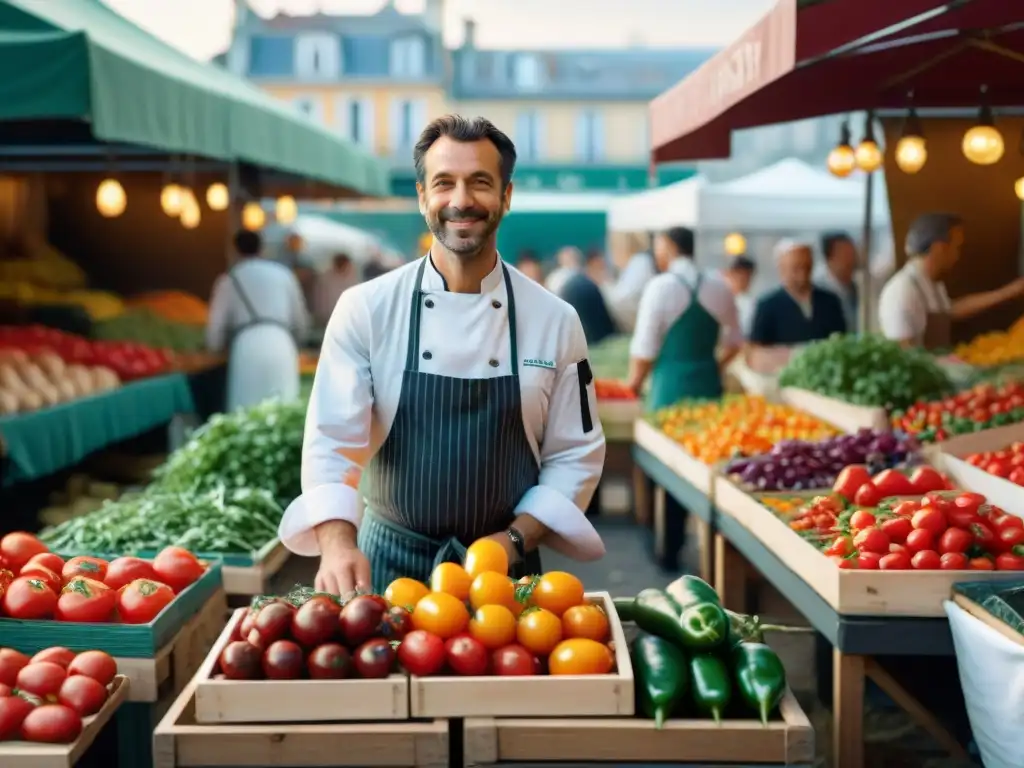 Un chef francés selecciona ingredientes frescos en un mercado parisino, transmitiendo pasión por las recetas francesas cero desperdicios