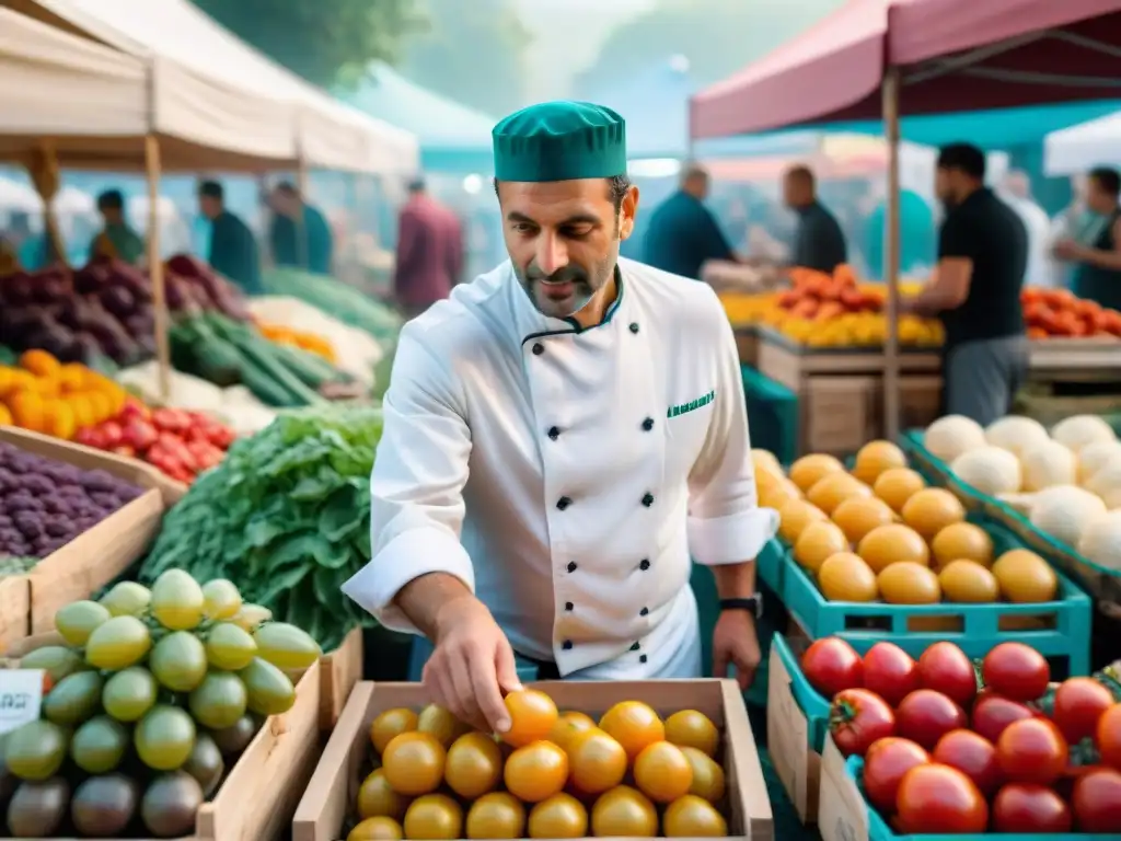 Un chef francés seleccionando ingredientes frescos en un mercado, reflejando la gastronomía sostenible en Francia