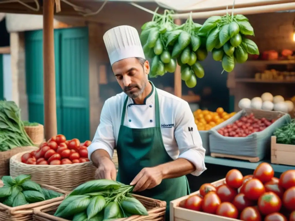 Un chef francés selecciona ingredientes locales en gastronomía francesa en un mercado de la Provenza, bajo la cálida luz matutina