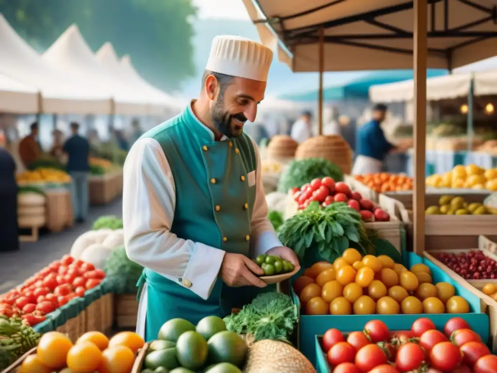 Un chef francés selecciona ingredientes locales en un bullicioso mercado en el sur de Francia