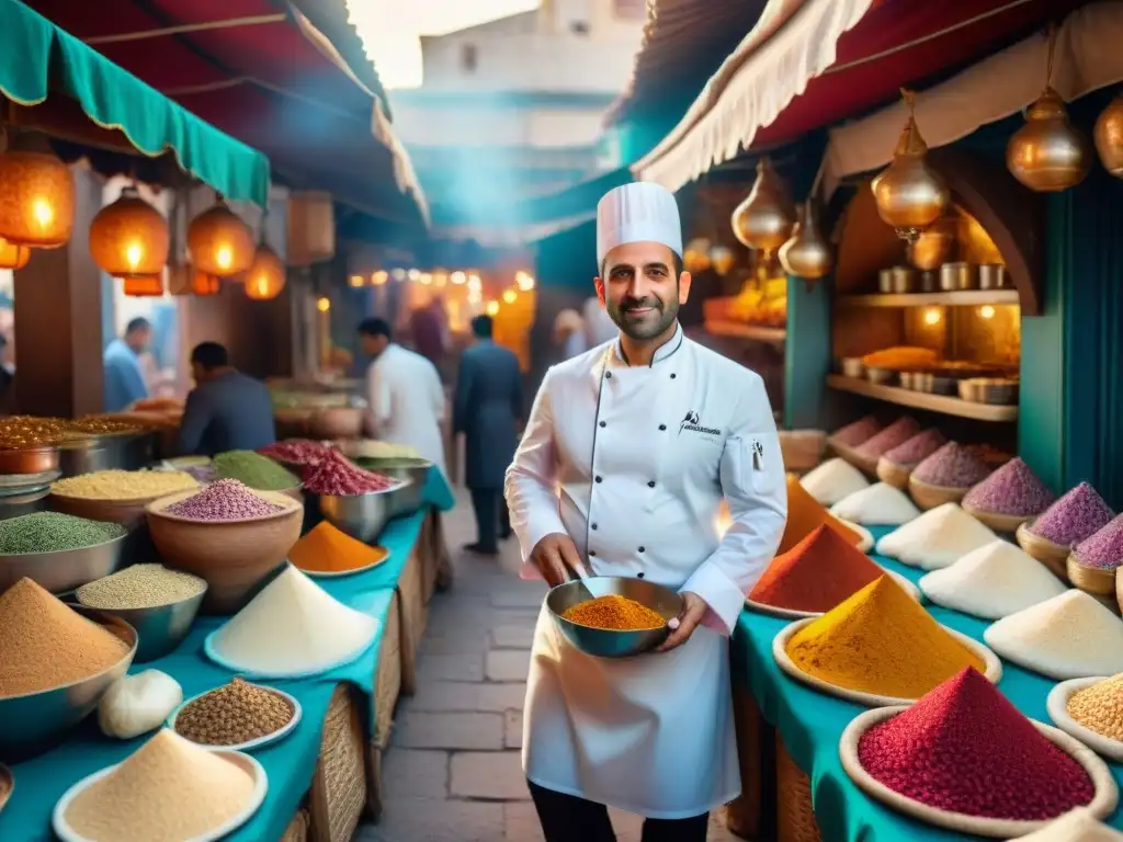 Un chef francés seleccionando ingredientes en un mercado árabe, rodeado de especias y textiles coloridos