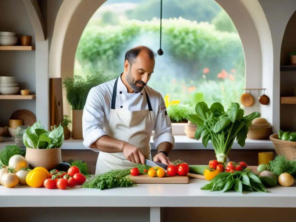 Un chef francés inmerso en la permacultura gastronómica, preparando platos en su cocina rústica rodeado de vegetales coloridos