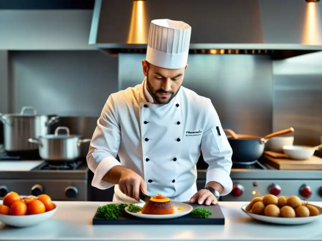 Un chef francés preparando una innovación culinaria en una cocina tradicional