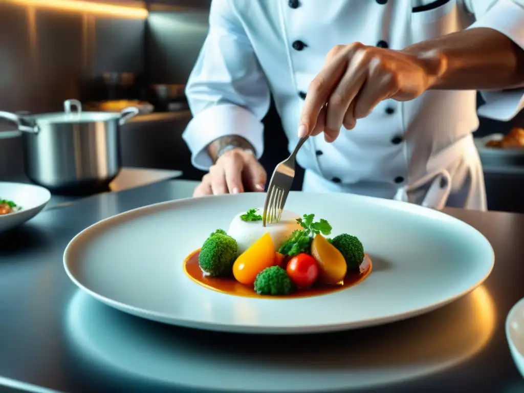 Un chef francés innovador plasmando arte culinario en un elegante entorno