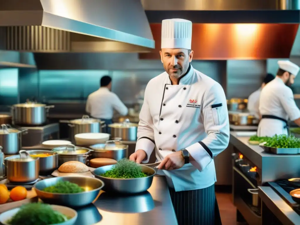 Un chef francés innovador en una bulliciosa cocina parisina, creando platos vibrantes con precisión