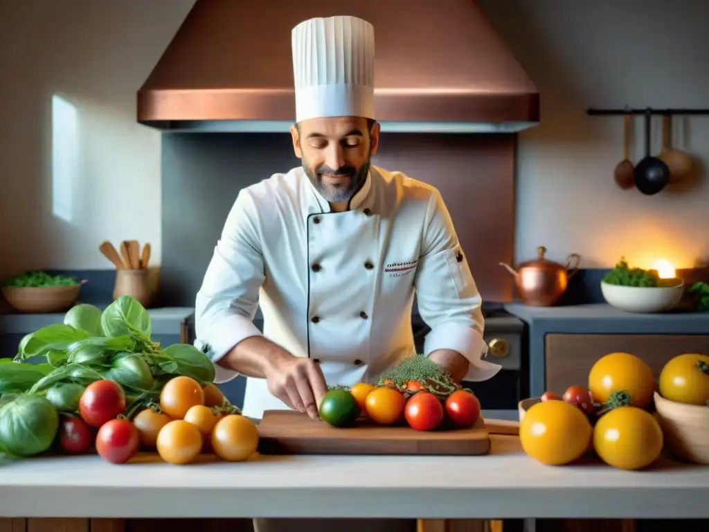 Un chef francés innovador en una cocina provenzal, rodeado de productos frescos de una granja local, creando platos sostenibles