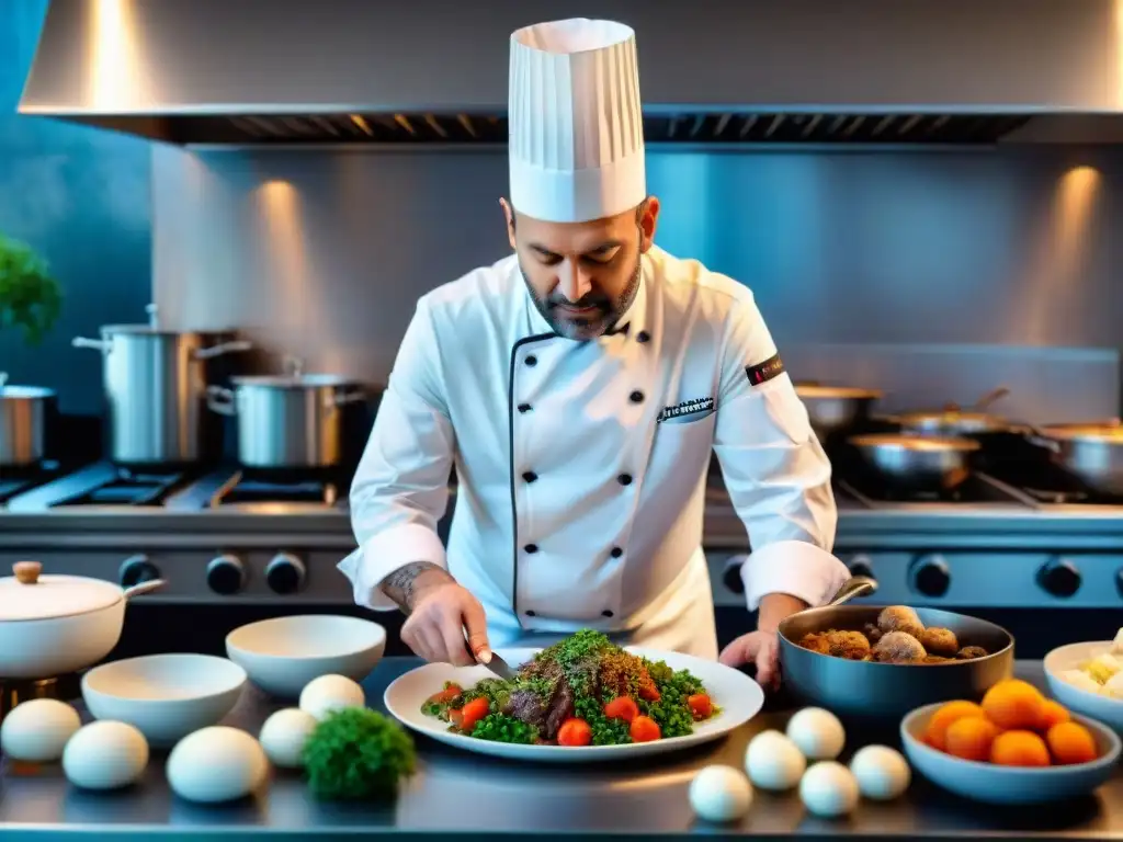 Un chef francés innovador en su cocina, fusionando tradición e innovación culinaria