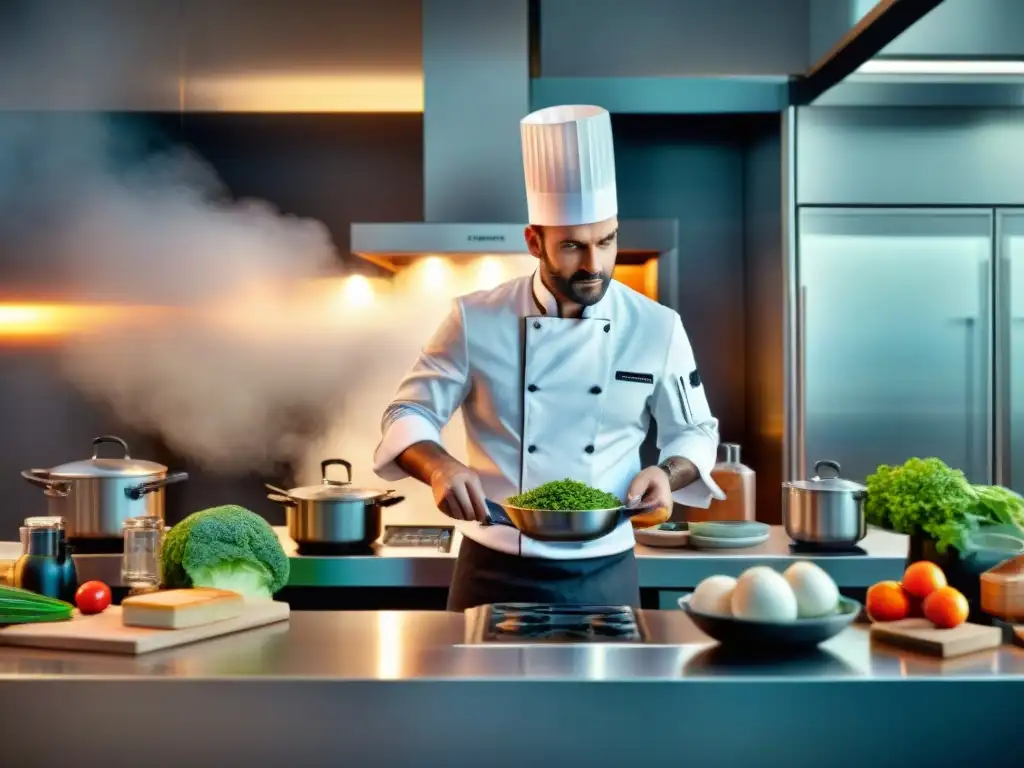 Chef francés en cocina digital de vanguardia Un chef francés innovador en una cocina moderna, rodeado de herramientas digitales para chefs franceses